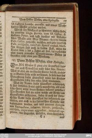 VI. Vom Bösen-Wesen, oder Epilepsia.