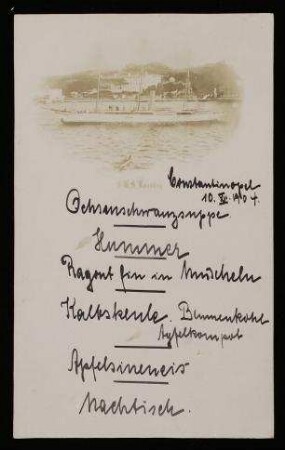 Speisekarte für das Essen in Constantinopel