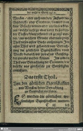 Das erste Theil. Von den göttlichen Eigenschafften und Wercken, deren Betrachtung zur Gottseligkeit uns fördert