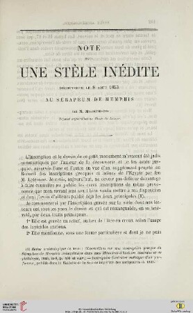 N.S. 13.1866: Note sur une stèle inédite : découverte le 8 Aout 1853 au Sérapéum de Memphis par M. Mariette-Bey. Déposée aujourd'hui au musée du Louvre