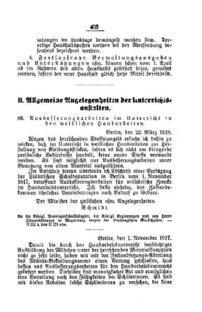 Ausbesserungsarbeiten im Unterricht in den weiblichen Handarbeiten : [B. Allgemeine Angelegenheiten der Unterrichtsanstalten]