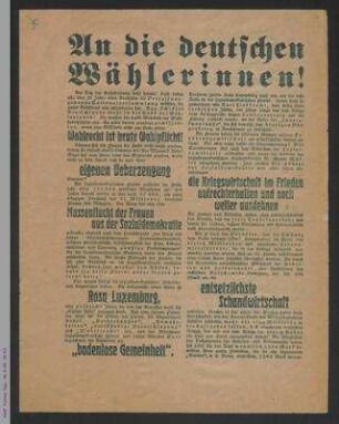 Deutschnationale Volkspartei - An die deutschen Wählerinnen