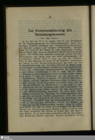 Zur Kommunalisierung des Bestattungswesens