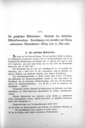 XVII. Die gesetzlichen Militärlasten Geschäfte des städtischen Militärkommissars Unterstützung von Familien zur Übung einberufener Mannschaften (Gesetz vom 10 Mai 1992)