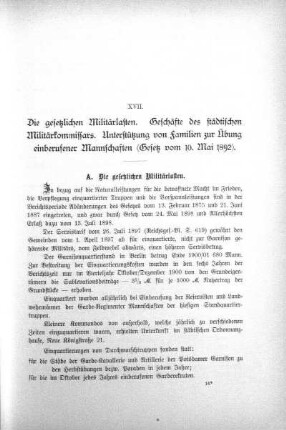 XVII. Die gesetzlichen Militärlasten Geschäfte des städtischen Militärkommissars Unterstützung von Familien zur Übung einberufener Mannschaften (Gesetz vom 10 Mai 1992)