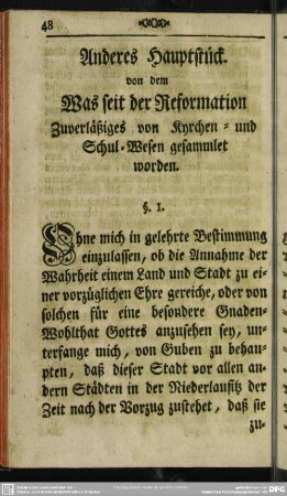 Anderes Hauptstück. von dem Was seit der Reformation Zuverläßiges von Kyrchen- und Schul-Wesen gesammlet worden