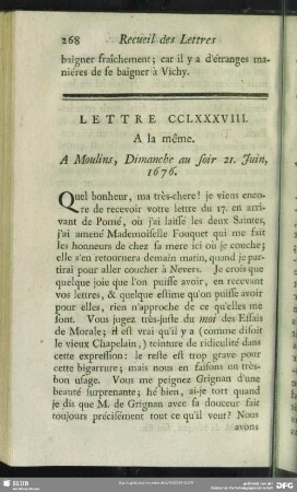 Lettre CCLXXXVIII. A la même. A Moulins, Dimanche au soir 21. Juin, 1676