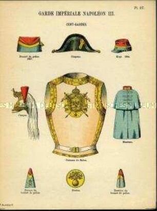 Uniformdarstellung, Detailstudien von Kopfbedeckungen, Kürass, Mantel und Knopf der Kaiserlichen Cent-Gardes, Zweites Kaiserreich Frankreich, 1854/1855.