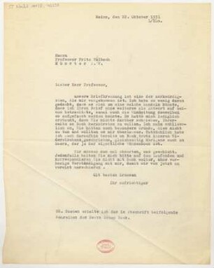 Brief an Fritz Volbach : 22.10.1931
