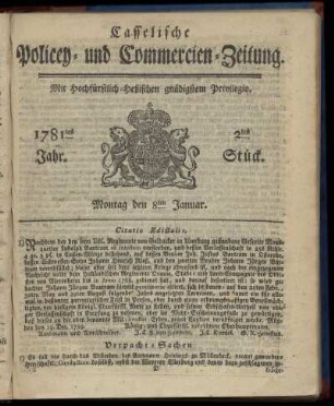 1781tes Jahr. 2tes Stück. Montag den 8ten Januar