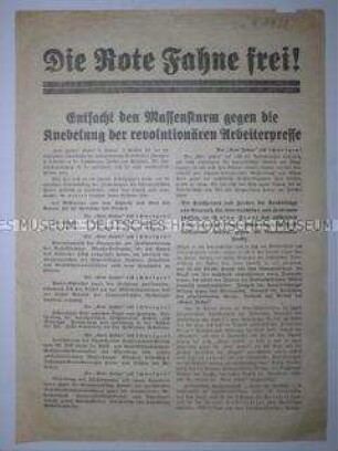 Flugblatt der KPD mit dem Aufruf zu Protestaktion gegen Verbot der "Roten Fahne" vom 09.09.1932 durch den Berliner Polizeipräsidenten Melcher