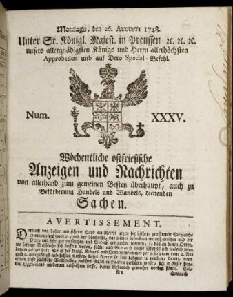 Num. XXXV. Montags, den 26. Augusti 1748.