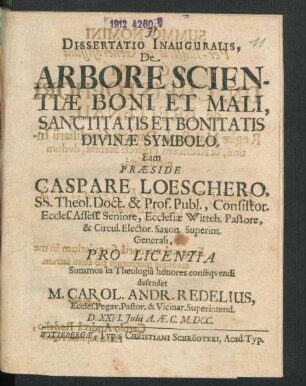 Dissertatio Inauguralis, De Arbore Scientiae Boni Et Mali, Sanctitatis Et Bonitatis Divinae Symbolo