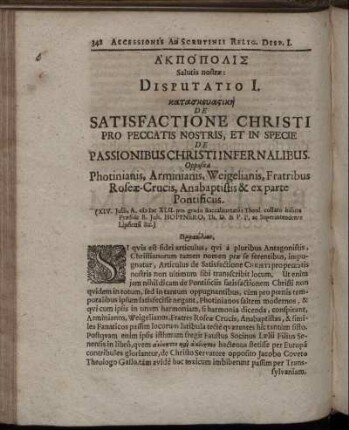 Disputatio I. De Satisfactione Christi Pro Peccatis Nostris Et In Specie