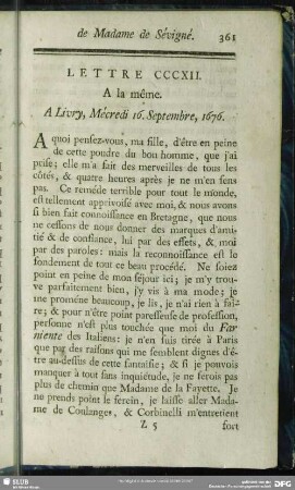 Lettre CCCXII. A la même. A Livry, Mécredi 16. Septembre, 1676