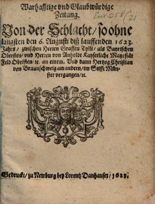 Warhafftige Zeitung von der Schlacht so den 6. Aug. 1623 ... vergangen