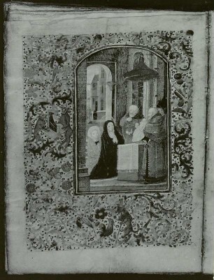 Horarium latinum, genannt Dresdner Gebetbuch : Illuminierte Seite mit Darbringung im Tempel. Blatt 78 aus: Horarium latinum (Stundenbuch), genannt Dresdner Gebetbuch. Niederländisch, um 1500. Wasserfarben auf Pergament; 13,5 x 9,5 cm. Dresden: SLUB Mscr.Dresd.A.311