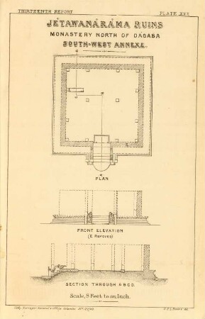 Plate XXX. Jétawanáráma ruins. Monastery north of Dágaba. South-west annexe. Plan. Front elevation. Section through A. B. C. D.