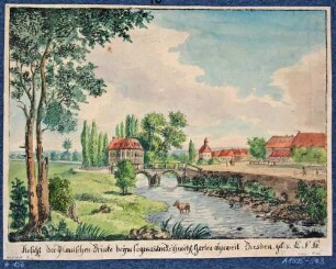 Ansicht der Plauenschen Brücke (Weißeritz-Brücke) unweit des Reisewitzschen Gartens mit dem Wasserschlösschen (Neidschützschlösschen, Kielmannseggeschlösschen) in Plauen bei Dresden
