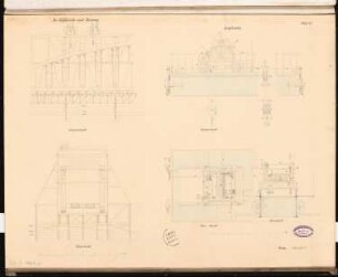 Eisenbahnbrücke Schinkelwettbewerb 1862: Baugerüst: Längsschnitt, Querschnitt; Laufkran: Grundriss, Längsschnitt, Querschnitt; 2 Maßstabsleisten