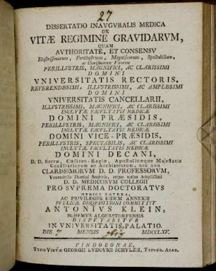 Dissertatio Inauguralis Medica De Vitæ Regimine Gravidarum