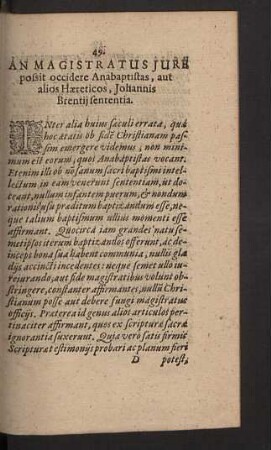 An Magistratus jure possit occidere ...Johannis Brentii sententia.