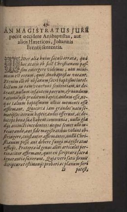 An Magistratus jure possit occidere ...Johannis Brentii sententia.