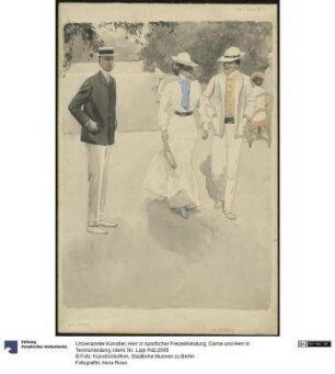 Herr in sportlicher Freizeitkleidung, Dame und Herr in Tenniskleidung