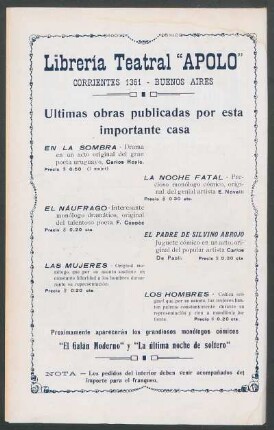 Librería Teatral "Apolo" : Ultimas obas publicadas por esta importante casa
