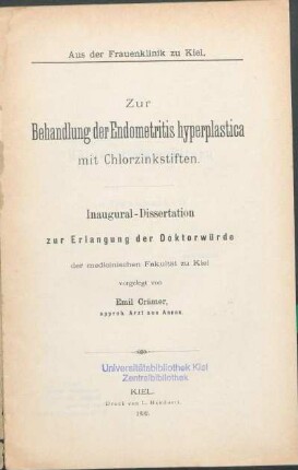 Zur Behandlung der Endometritis hyperplastica mit Chlorzinkstiften