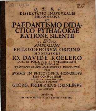 Diss. inaug. philos. de paedantismo didactico Pythagorae ratione silentii