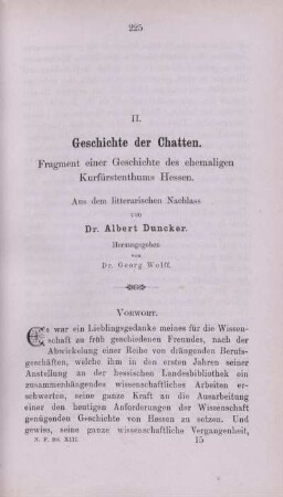 II. Geschichte der Chatten. Fragment einer Geschichte des ehemaligen Kurfürstenthums Hessen.
