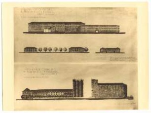 Marktplatz, Hindenburg: Städtebauliche Gestaltung des Marktplatzes, Schule und Parkhäuser, Altersheim und Kamilluskirche: Ansichten 1:200
