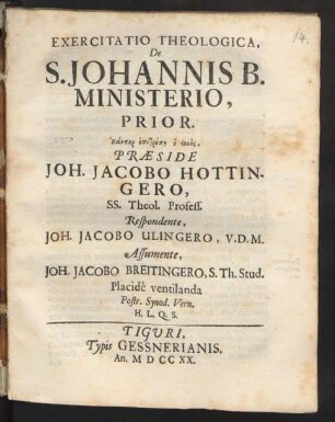 Exercitatio Theologica, De S. Johannis B. Ministerio, Prior. ...