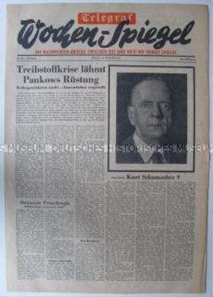Wochenausgabe der West-Berliner Tageszeitung "Telegraf" u.a. zum Tod von Kurt Schumacher und zur Rüstungsproduktion in der DDR