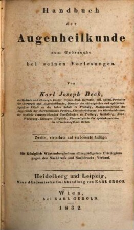 Handbuch der Augenheilkunde : zu Gebrauch bei seinen Vorlesungen