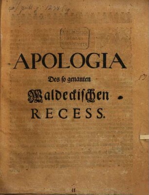 Apologia Des so genanten Waldeckischen Recess