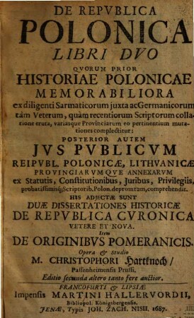 De republica Polonica : libri duo, quorum prior historiae polon. complectitur, posterior autem ius publicum ...