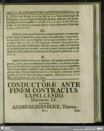 De Conductore Ante Finem Contractus Expellendo, Discursus LI. Defendens Andreas Zernecke, Thorun.