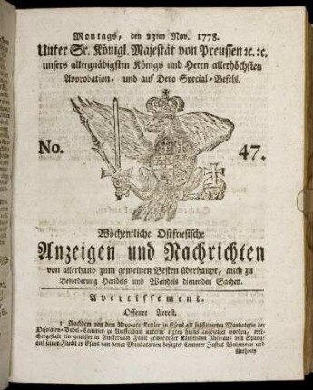 No. 47. Montags, den 23ten Nov. 1778.