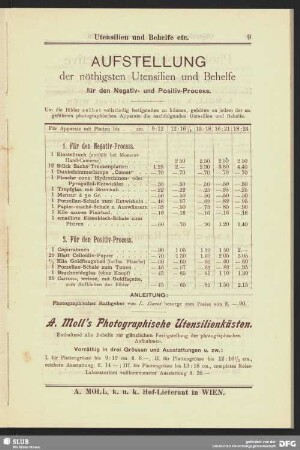 Utensilien und Behelfe etc.