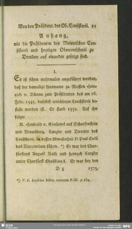 Anhang, wie die Präsidenten des Meisnischen Consistorii und heutigen Oberconsistorii zu Dresden auf einander gefolgt sind
