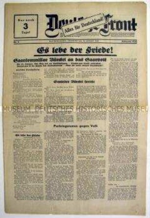Nationalsozialistische Tageszeitung aus dem Saarland "Deutsche Front" zur Saar-Abstimmung