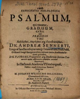 Exercitatio Philologica In Psalmum, qvi [qui] vocatur, Graduum, CXXII.