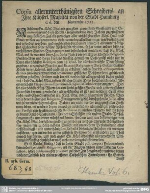 Copia allerunterthänigsten Schreibens an Jhre Käyserl. Majestät von der Stadt Hamburg d. d. den Novembr. 1722