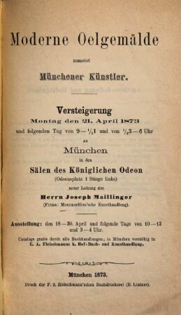 Kunstauctions-Cataloge der Montmorillon'schen Kunsthandlung und Auctionsanstalt (Joseph Maillinger). [21.] 1873, 21. Apr.