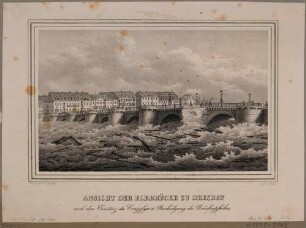 Einsturz des fünften Bogens (mit Kruzifix) der Elbbrücke (alte Augustusbrücke) während des Hochwassers im März 1845, aus Zeitschrift Sachsen Sonst und Jetzt 1848
