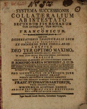 Systema successionis collateralium ab intestato secundum ius rom. et francon.