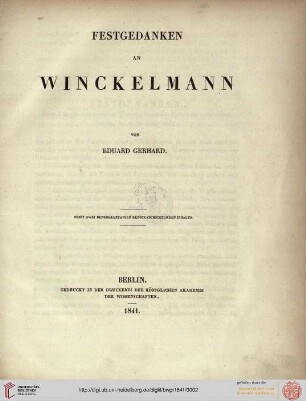 Band 1: Programm zum Winckelmannsfeste der Archäologischen Gesellschaft zu Berlin: Festgedanken an Winkelmann