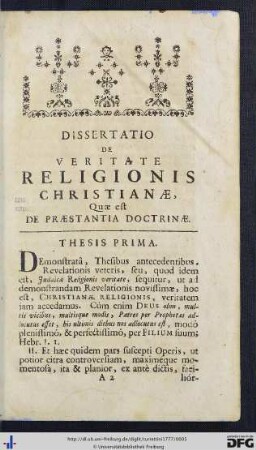 Dissertatio De Veritate Religionis Christianae.